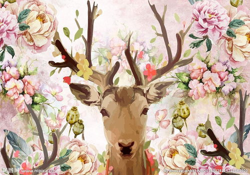 素描手绘花朵麋鹿图片 