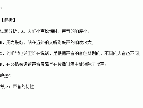 关于声音.下列说法正确的是A.人们小声说话时.声音的音调一定低B.用力敲鼓.站在近处和远处的人听到鼓声的响度是一样的C.能听出电话里谁在说话.是根据声音的音色辨别的 