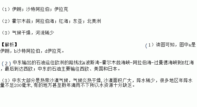 读中东地区图.完成下列各题. 1 中东地区是目前世界上石油储量最大的 地区.填出图中重要的产油国 a ,b ,d . 2 中东输出的石油运往欧洲的路线出A 